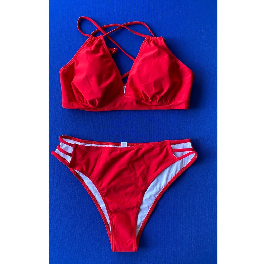 Red High Waisted Bikini Set Halter Top Cutout Bottoms Size Large Mens Womens